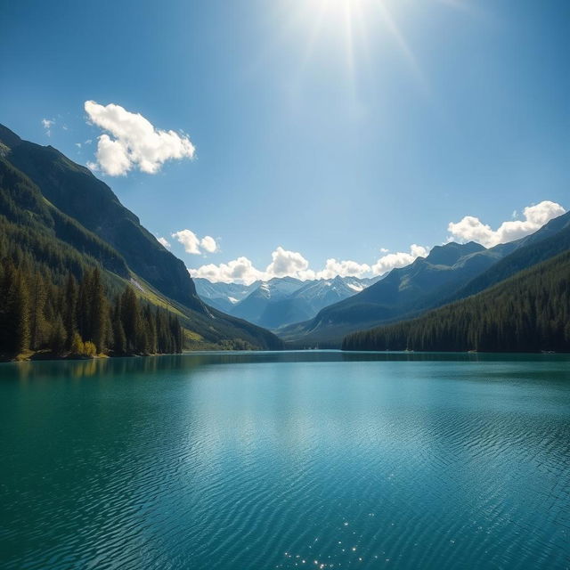 A beautiful landscape image with a 16:9 aspect ratio, featuring a serene lake surrounded by lush green forests and majestic mountains in the background