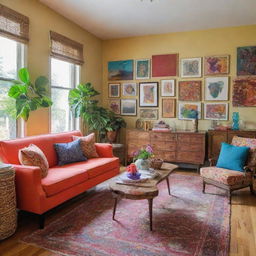 A vibrant and inspiring room filled with a variety of vivid colors, eclectic furniture, inspirational art on the walls, and an abundance of natural light.