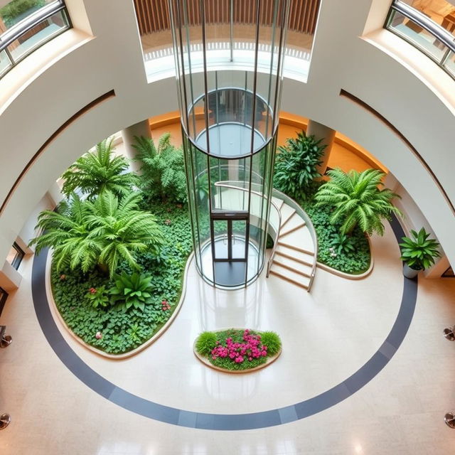 Create a circular reception area with a glass elevator and staircase in the center