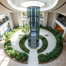 Create a circular reception area with a glass elevator and staircase in the center