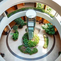 Create a circular reception area with a glass elevator and staircase in the center