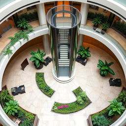 Create a circular reception area with a glass elevator and staircase in the center