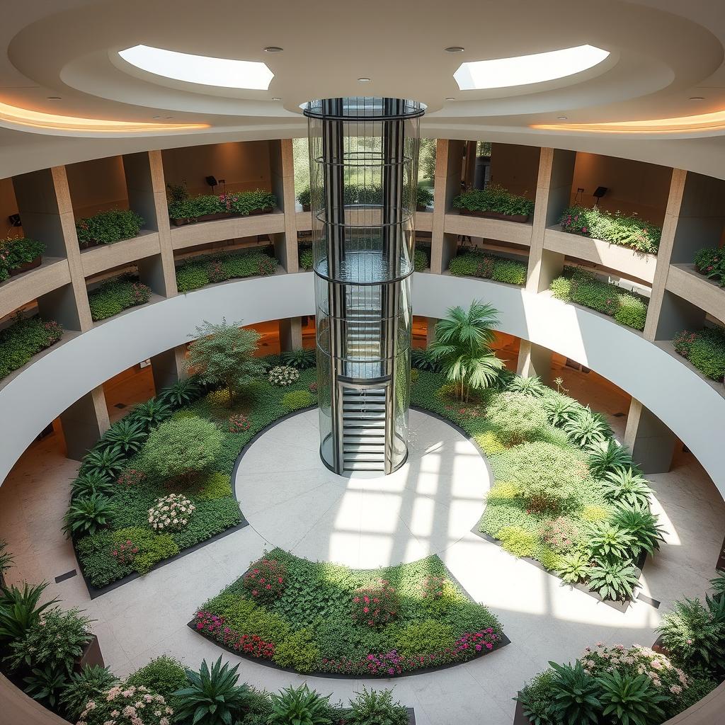 Create a circular reception area with a glass elevator and staircase in the center