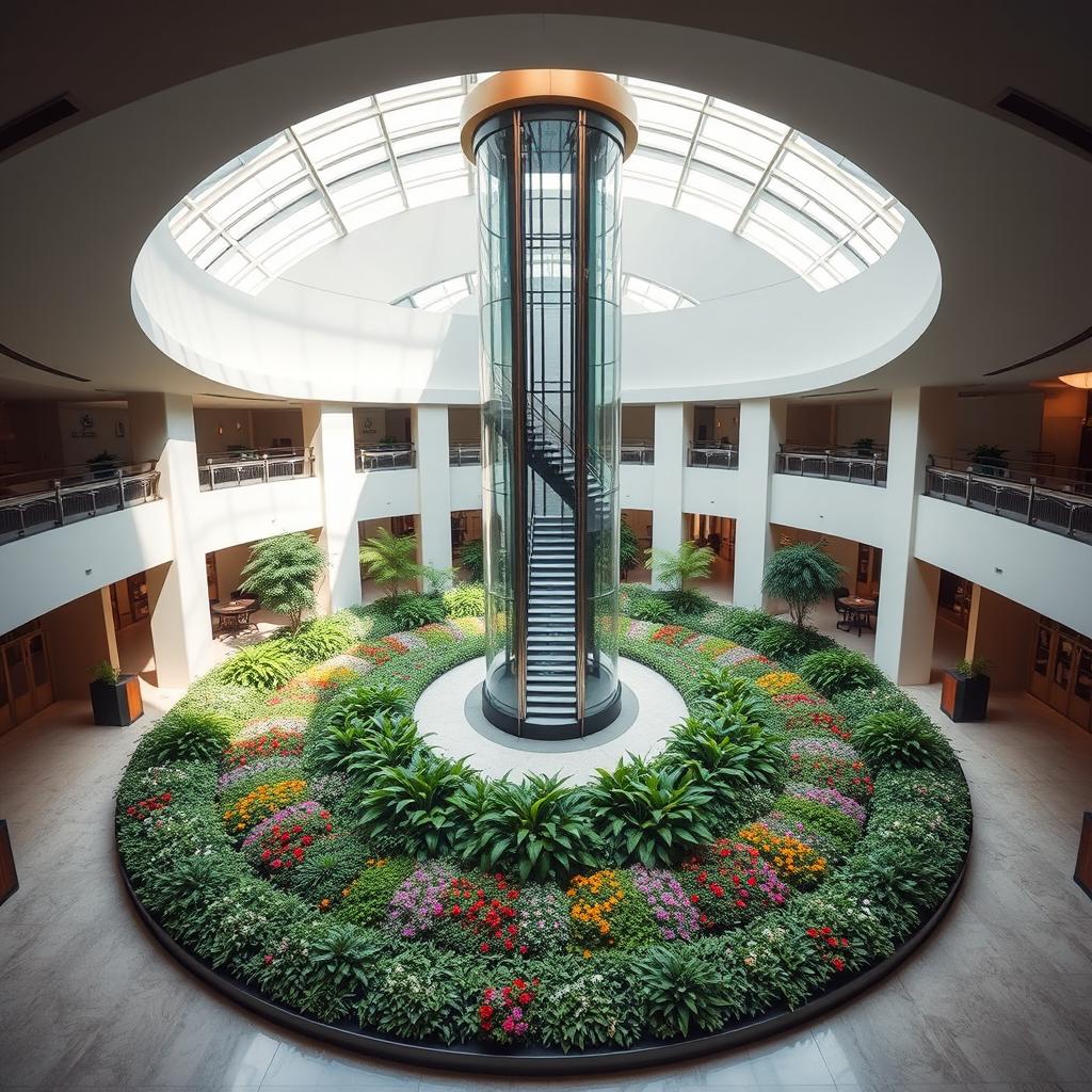 Create a circular reception area with a glass elevator and staircase in the center