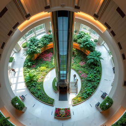 Create a circular reception area with a glass elevator and staircase in the center