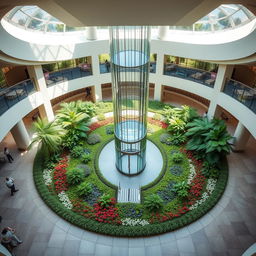 Create a circular reception area with a glass elevator and staircase in the center