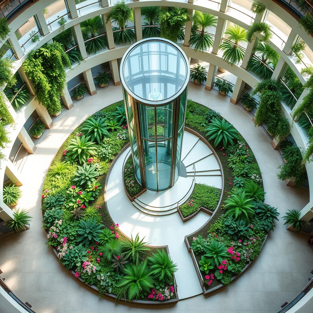 Create a circular reception area with a glass elevator in the center, surrounded by a spiral staircase