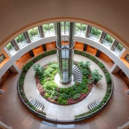 Create a circular reception area with a glass elevator in the center, surrounded by a spiral staircase