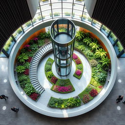 Create a circular reception area with a glass elevator in the center, surrounded by a spiral staircase