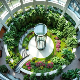 Create a circular reception area with a glass elevator in the center, surrounded by a spiral staircase