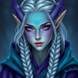 Create an image of an astral elf woman with dragon scales subtly visible on her face