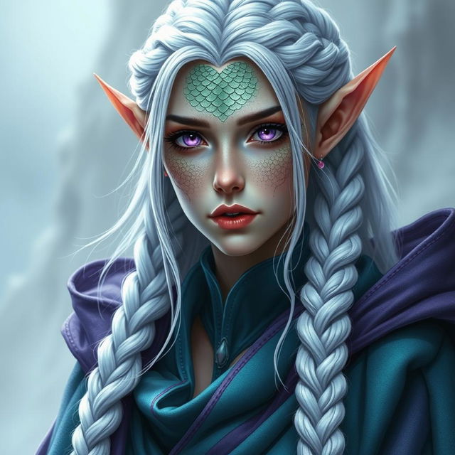 Create an image of an astral elf woman with dragon scales subtly visible on her face