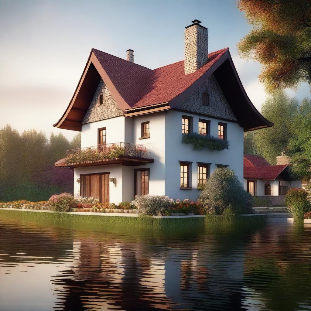 A highly detailed and realistic shot of a two-story house with a red roof and chimney, featuring a balcony adorned with flower pots