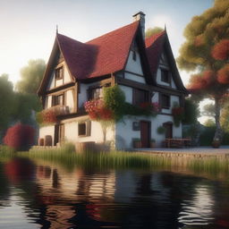 A highly detailed and realistic shot of an old medieval house with two floors, featuring a balcony adorned with flower pots