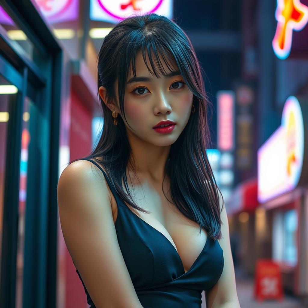 A realistic photograph of a young Japanese woman wearing a modern low cut sexy dress