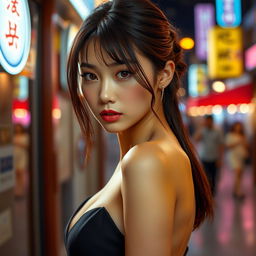 A realistic photograph of a young Japanese woman wearing a modern low cut sexy dress