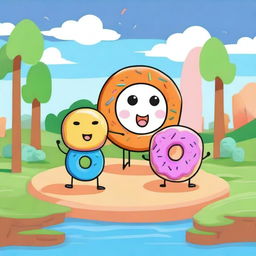 Create an image featuring the characters Coiny, Pin, and Donut from BFDIA (Battle for Dream Island Again) in a fun and playful setting