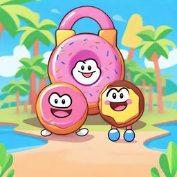 Create an image featuring the characters Coiny, Pin, and Donut from BFDIA (Battle for Dream Island Again) in a fun and playful setting