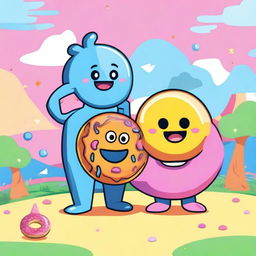 Create an image featuring the characters Coiny, Pin, and Donut from BFDIA (Battle for Dream Island Again) in a fun and playful setting