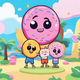 Create an image featuring the characters Coiny, Pin, and Donut from BFDIA (Battle for Dream Island Again) in a fun and playful setting