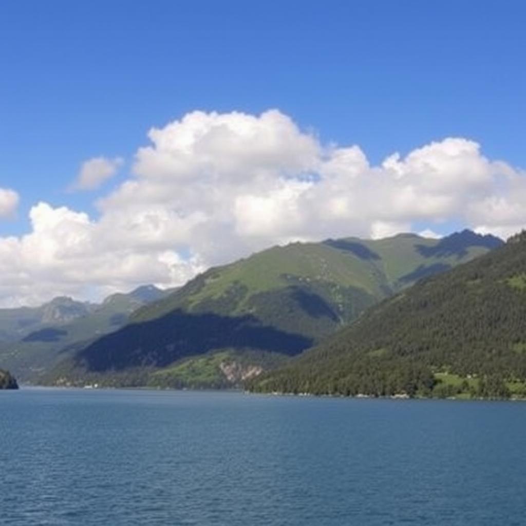 A beautiful landscape featuring a serene lake surrounded by lush green mountains under a clear blue sky with fluffy white clouds