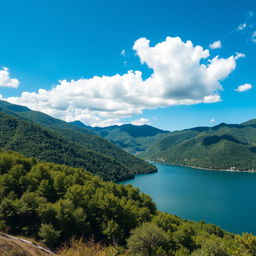 A beautiful landscape featuring a serene lake surrounded by lush green mountains under a clear blue sky with fluffy white clouds