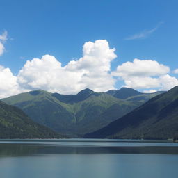 A beautiful landscape featuring a serene lake surrounded by lush green mountains under a clear blue sky with fluffy white clouds