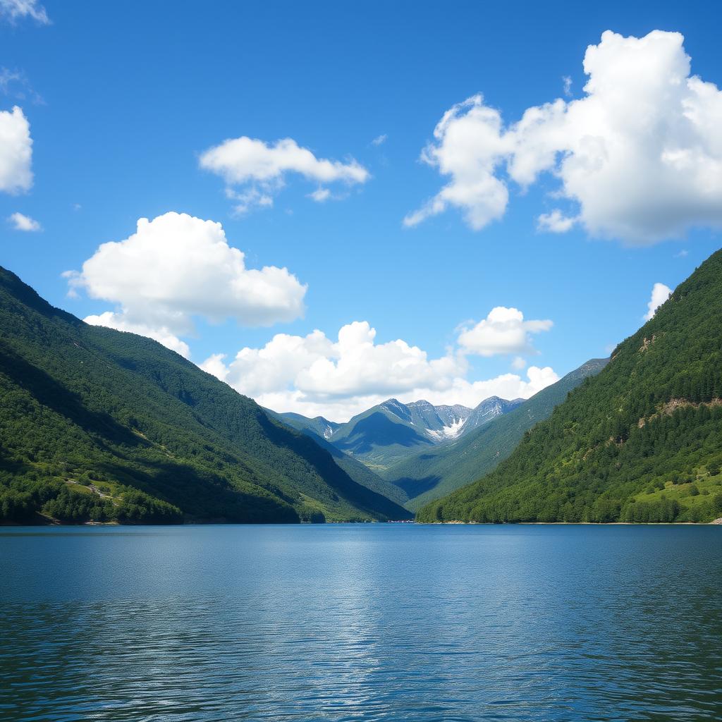 A beautiful landscape featuring a serene lake surrounded by lush green mountains under a clear blue sky with fluffy white clouds