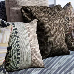 An assortment of uniquely designed sofa pillows, showcasing a variety of patterns, textures, and color combinations.