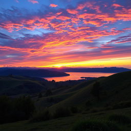 A beautiful landscape with rolling hills, a vibrant sunset, and a serene lake reflecting the colorful sky