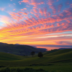 A beautiful landscape with rolling hills, a vibrant sunset, and a serene lake reflecting the colorful sky