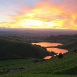 A beautiful landscape with rolling hills, a vibrant sunset, and a serene lake reflecting the colorful sky