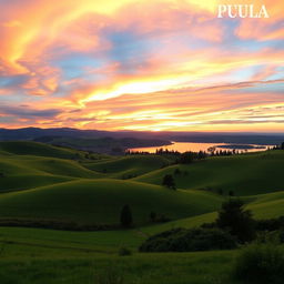 A beautiful landscape with rolling hills, a vibrant sunset, and a serene lake reflecting the colorful sky