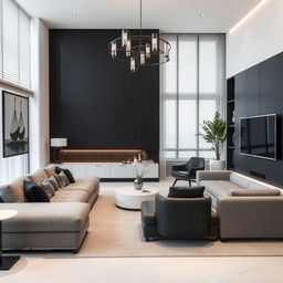 Enhance the modern and minimalist lounge design by incorporating even more contemporary elements