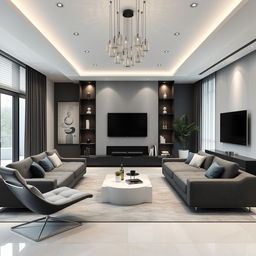 Enhance the modern and minimalist lounge design by incorporating even more contemporary elements