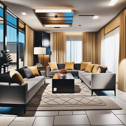 Enhance the modern and minimalist lounge design based on the reference image of a living room with two couches and chairs