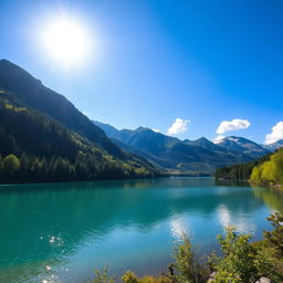 A beautiful landscape featuring a serene lake surrounded by lush green trees and mountains in the background under a clear blue sky