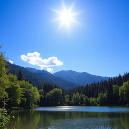 A beautiful landscape featuring a serene lake surrounded by lush green trees and mountains in the background under a clear blue sky