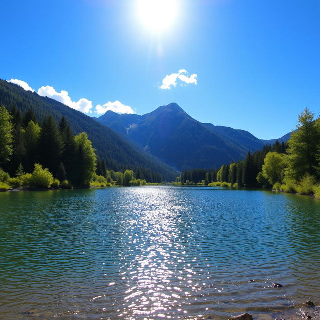 A beautiful landscape featuring a serene lake surrounded by lush green trees and mountains in the background under a clear blue sky