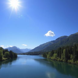 A beautiful landscape featuring a serene lake surrounded by lush green trees and mountains in the background under a clear blue sky