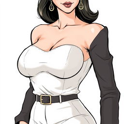 A detailed illustration of a woman with an exaggerated bust