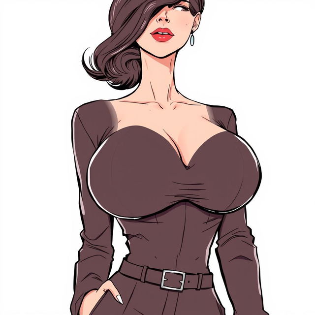 A detailed illustration of a woman with an exaggerated bust