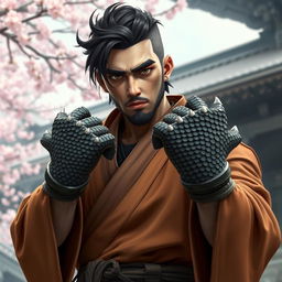 A male dragonborn human with dragon scale fists, wearing a traditional monk robe