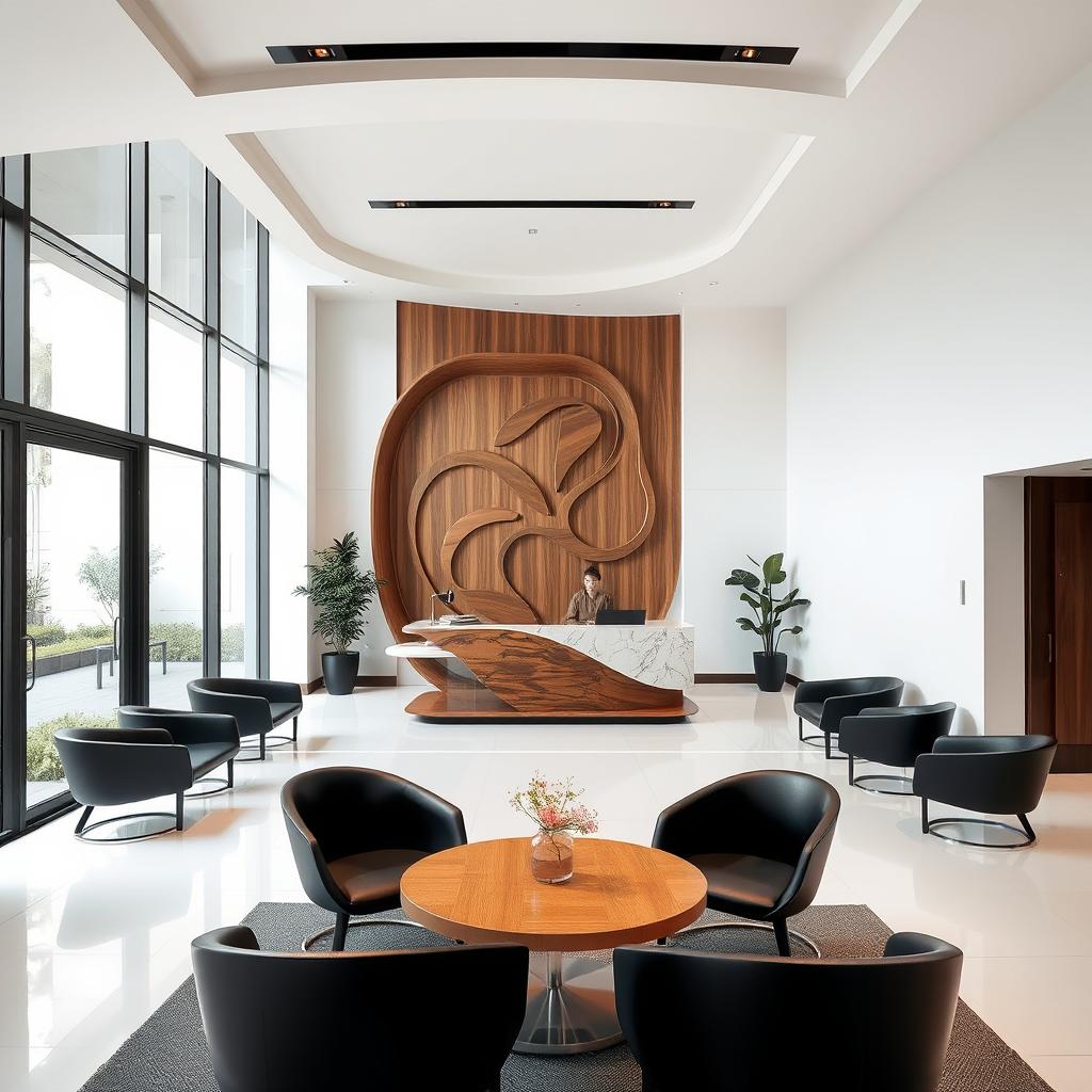 A modern lobby renovation for an apartment building featuring sleek and contemporary design elements with organic lines and curves