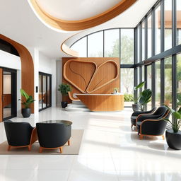 A modern lobby renovation for an apartment building featuring sleek and contemporary design elements with organic lines and curves