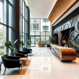 A modern lobby renovation for an apartment building featuring sleek and contemporary design elements with organic lines and curves