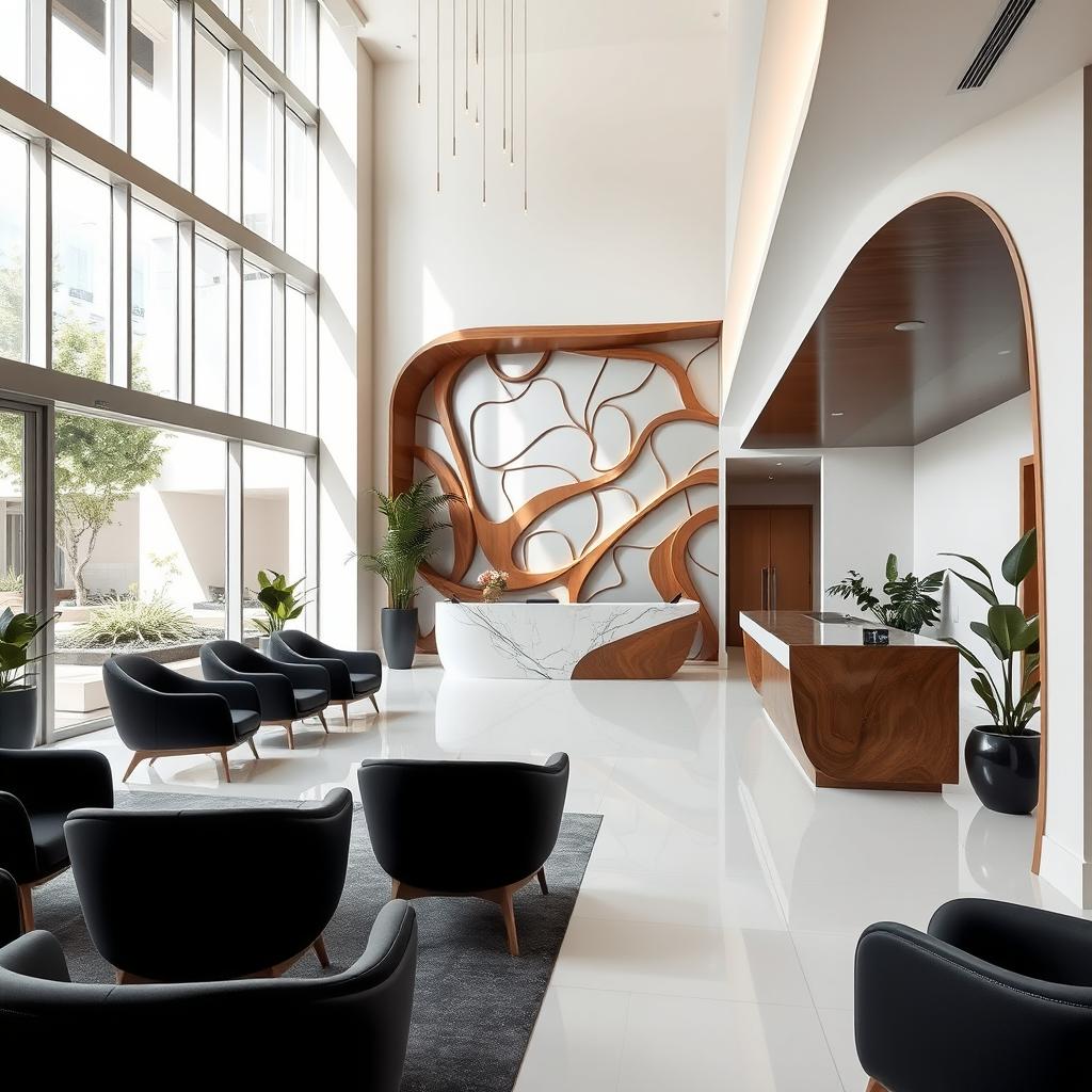 A modern lobby renovation for an apartment building featuring sleek and contemporary design elements with organic lines and curves