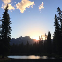 A beautiful landscape featuring a serene lake surrounded by tall, lush trees and mountains in the background