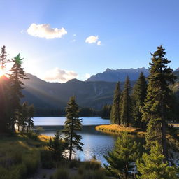 A beautiful landscape featuring a serene lake surrounded by tall, lush trees and mountains in the background