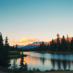 A beautiful landscape featuring a serene lake surrounded by tall, lush trees and mountains in the background